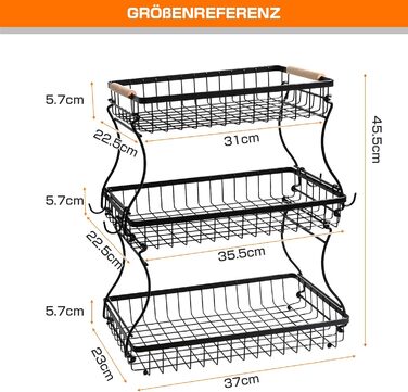 Металева фруктова корзина GMISUN з 3 ярусами та підставкою для бананів, чорна, сучасний дизайн. Підходить для зберігання фруктів, овочів та закусок. Велика місткість, 3 яруси.