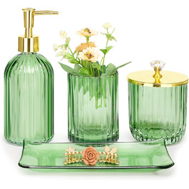 Haturi Bathroom Accessory Set, 4-Piece, Glass Bathroom Accessory Set, complete with lotion soap dispenser, toothbrush holder, apothecary jar, vanity tray, bathroom decor, gift for (Green)