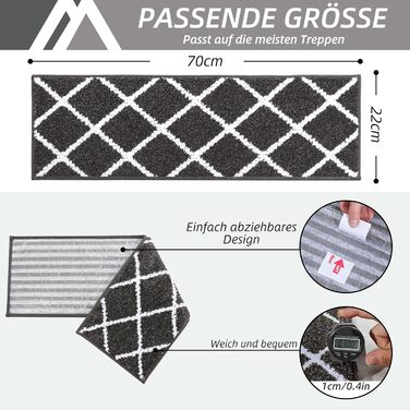 Комплект килимків для сходів COSY HOMEER (15 шт.), 70 x 22 см, антиковзаючі, самоклеючі, машинне прання, 100% поліестер, TPE-підкладка, для дітей, літніх людей та домашніх тварин, чорно-білі