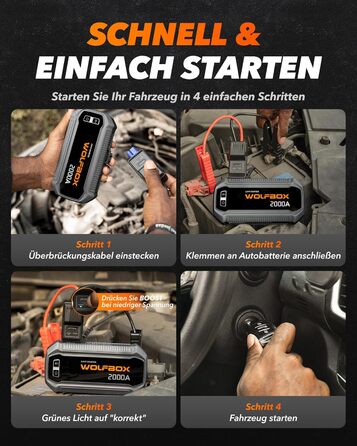 Powerbank WOLFBOX для запуску авто: 2000A, 12V, для бензину/дизеля (10L), LED-ліхтар, великий екран, кабель, бустер для SUV, вантажівок, мотоциклів