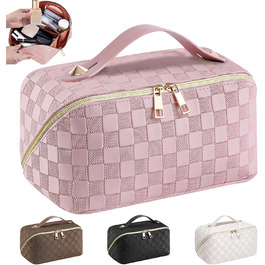 Косметичка для подорожей жіноча, велика містка, з PU шкіри, органайзер для макіяжу, косметичка-рюкзак, аксесуари для подорожей, рожеана в клітинку