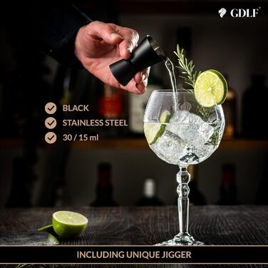 GDLF® Gin Glass Set made of high-quality crystal - Handcrafted - 2 Gin Tonic glasses & double-sided bar measure Black, Aperol spritz glasses, cocktail glasses, Made in Italy