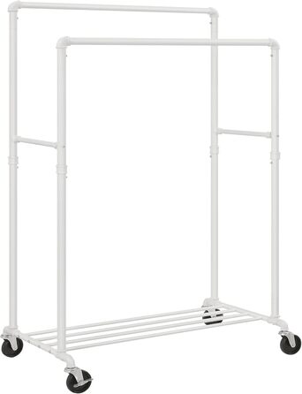 SONGMICS Clothes Rack, Clothes Rod, Coat Rack with 2 Clothes Rods and Shelf, Wheels, Load Capacity up to 110 kg, Industrial Design, for Bedroom, Dressing Room, White HSR060W01