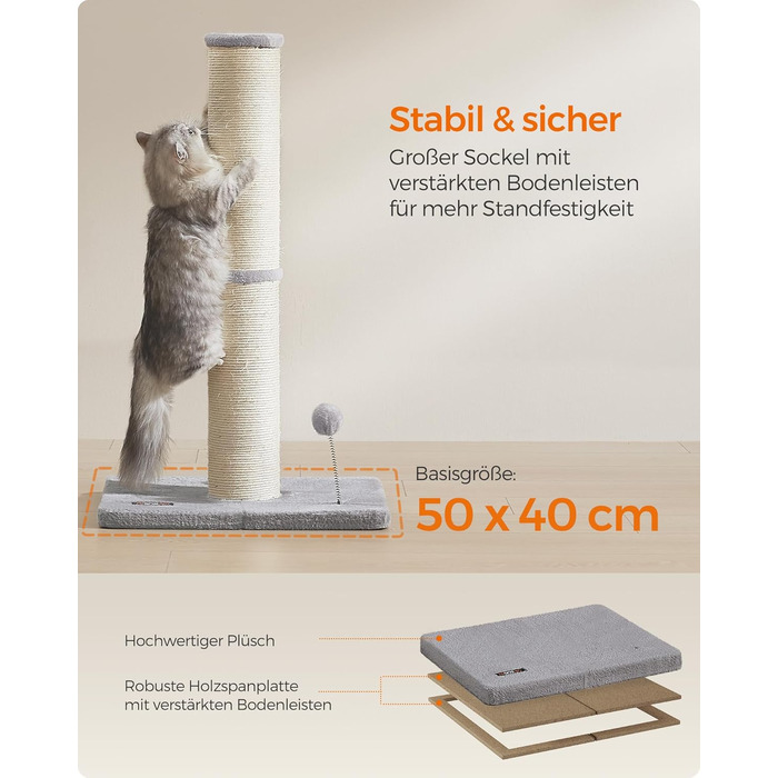 Feandrea Cat Tree, 85 cm tall, scratching post, 13 cm thick trunk, cat tree, scratching trunk for medium and large cats, sisal trunk, with plush ball and bell, Dove Gray PCA041G01
