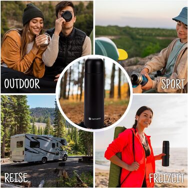 Термос з нержавіючої сталі з чашкою та щіткою; термос-каструля з подвійними стінками; не протікає, придатний для миття в посудомийній машині & BPA-free + щітка для чищення; зберігає напої гарячими та холодними (Чорний - 1000 мл)