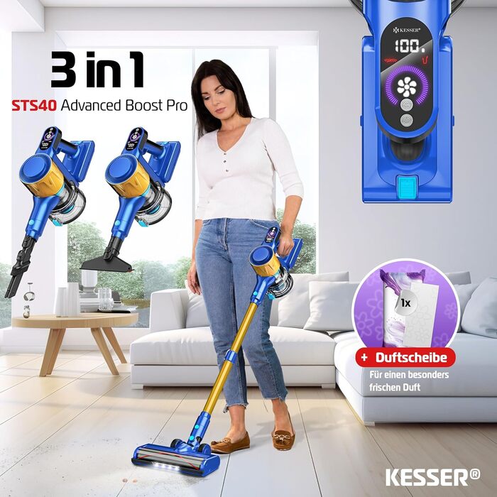 Бездротовий акумуляторний пилосос KESSER® з LED-дисплеєм, до 60 хв роботи, тихий, без мішка, з антинамотувальною насадкою, HEPA-фільтр, аромадиск (Синій/Золотий)