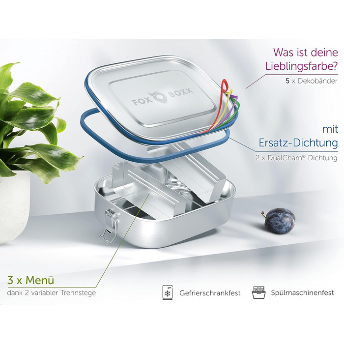 Stainless Steel Lunchbox Premium | Mini 800ml | 2 Dividers / 3 Compartments | 5 x DEKO color rings + 2 x Seal & Smart Clips | Leak-proof, eco-friendly lunchbox for kids