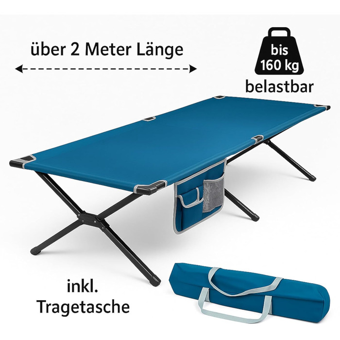 Розкладне ліжко для кемпінгу XL, 203 x 81 см, блакитне, сталеве, до 160 кг