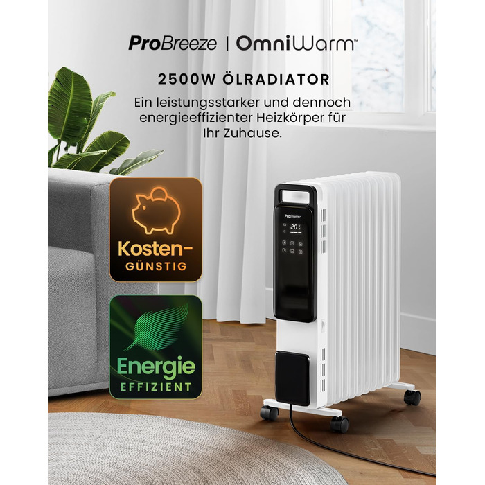 Pro Breeze 2500W Oil Radiator with 11 Fins, Electric Heater - Energy-Saving Oil Radiator, 3 Heating Levels, Adjustable Thermostat, 24h Timer, Touch Display & Safety Shut-Off Function White - No App