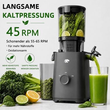 Шнекова соковижималка Slow Juicer для овочів та фруктів з широким завантажувальним отвором 120 мм, холодний віджим, функція самонарізання, 2 сіта, BPA-free