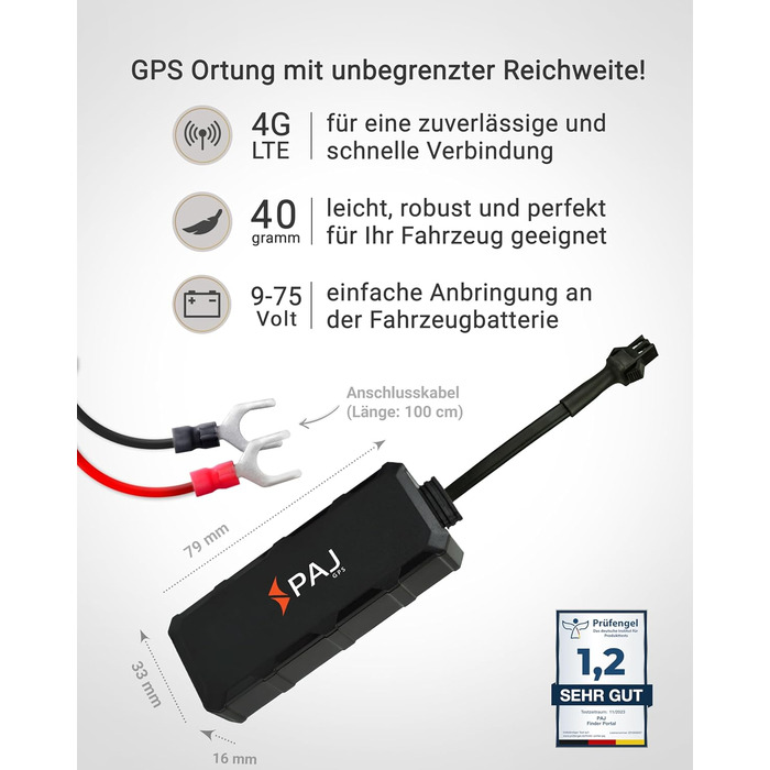 GPS-трекер PAJ 4G для мотоцикла, авто та транспорту, з прямим підключенням 9-75В, захист від крадіжки, онлайн-відстеження через додаток, пам’ять маршрутів 365 днів, 1м кабель