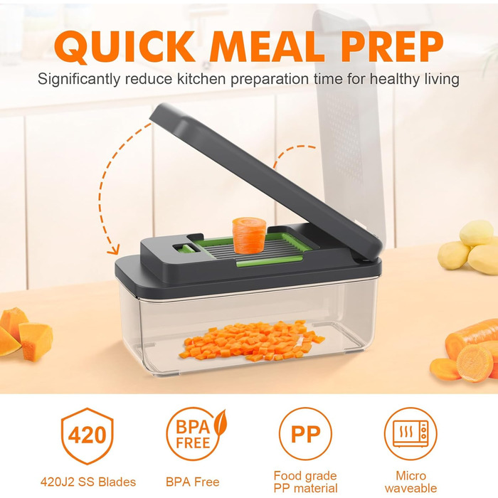 Ibergrif M521 - Набір для нарізки овочів 6-в-1, подрібнювач, кубики, слайси, 1200 мл, без BPA, для миття в посудомийній машині, чорно-зелений