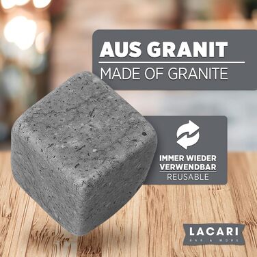 Камені для віскі Lacari ORIGINAL | 9 шт. багаторазові кубики льоду | Набір для віскі з дерев'яною коробкою, щипцями та мішечком | Не розбавляють віскі, ром, джин | Подарунок на день народження