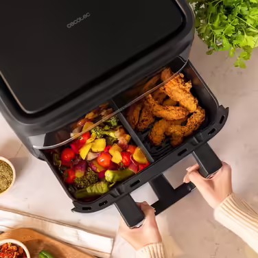 Cecotec Oil-Free Hot Air Fryer - 9L divisible into 2 - Air Fryer Cecofry Dual 9000. 2850W, dietary and digital, touch panel, dual temperature control, 6 modes, PerfectCook technology Black and Stainless Steel 1 9L basket + divider