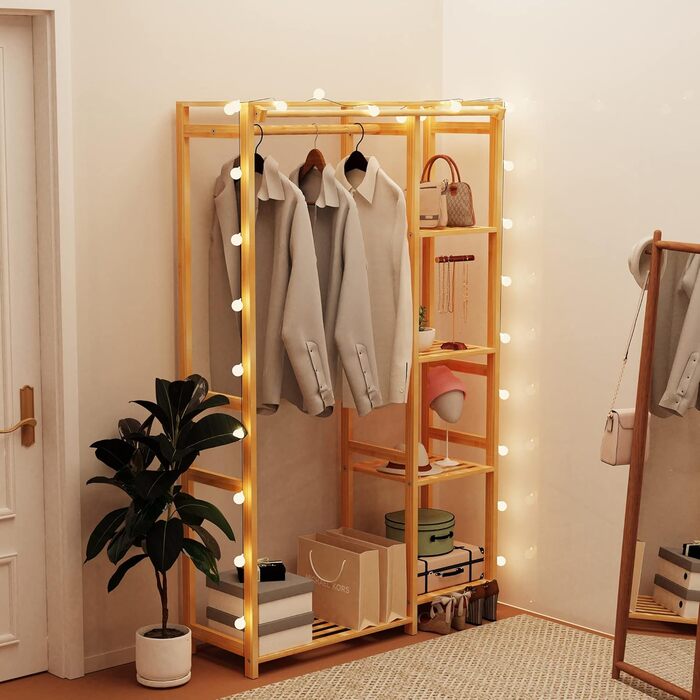 Bamboo Clothes Rack, Coat Stand with Shelves, Laundry Rack with Curtain and Clothes Rail, 90x30x146.6cm