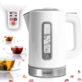 Електричний чайник Duronic EK30 BK: 3000 Вт, регулювання температури, 1.5 л, антикальк-фільтр, Warmhaltefunktion, чорний/білий