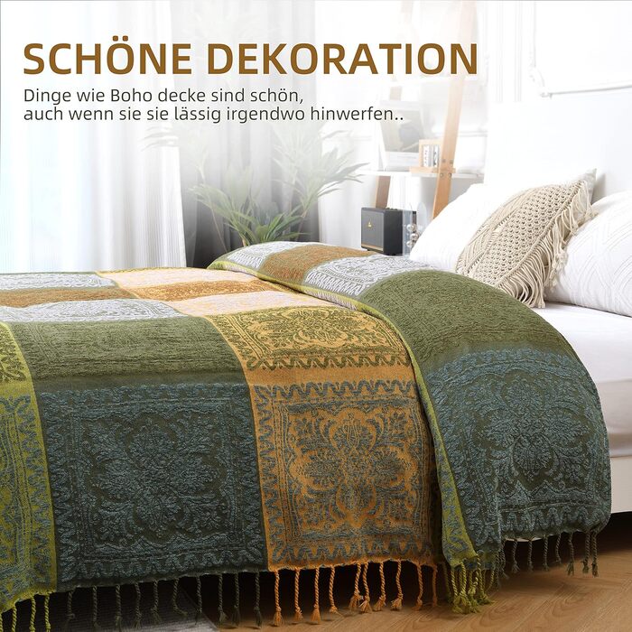 HOORDRY Chenille Woven Throw Blanket 220x260CM, Sofa Throw Blanket Overthrow Blanket for Couch Bed Sofa Chair, Double-Sided Boho Blanket with Tassels, Cozy Soft Couch Blanket Reversible Blanket, Green/Yellow Green 220 x 260 cm