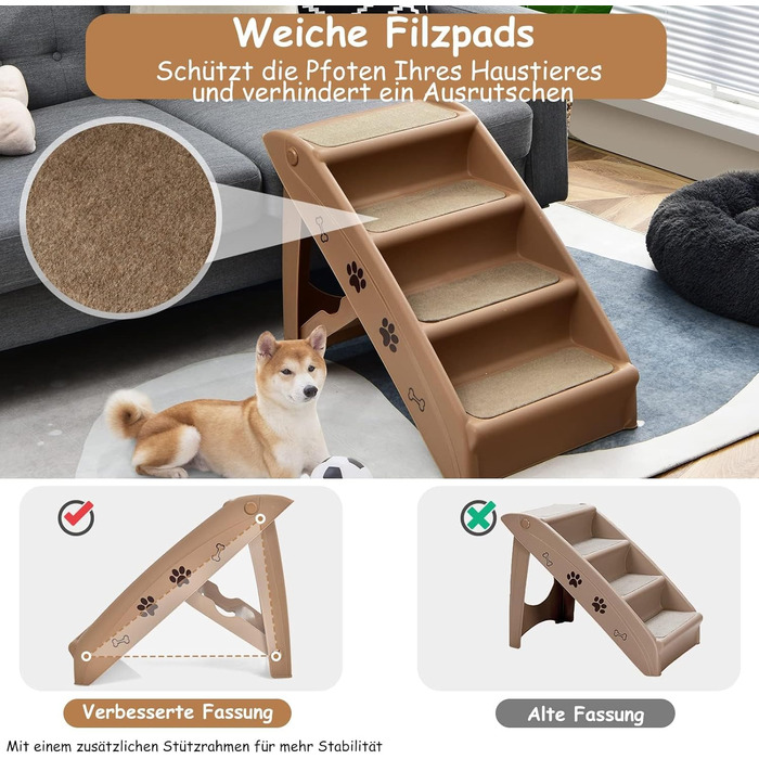 Сходинки для домашніх тварин GYMAX з 4 сходинками, складана драбинка для собак і котів з пластику, з антиковзкими накладками, 4 килимками та трикутною структурою, допомога у підйомі для котів та собак (колір: кава)