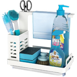 Sink Organizer Sink Caddy Organizer Stainless Steel Utensil Basket for Kitchen & Bathroom with Drain Pan, Adhesive Countertop Dual-Use Sponge Brush Soap Dish Holder (White)