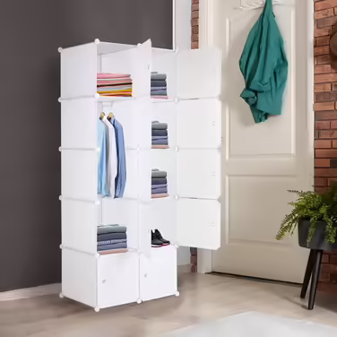 Modular wardrobe system, 10 dice, plastic wardrobe with doors, modular cabinet for space-saving storage, 70 x 45 x 175 cm, White door & Black cabinet. Storage for clothing, shoes, etc. (70 x 45 x 150 cm, White-1)