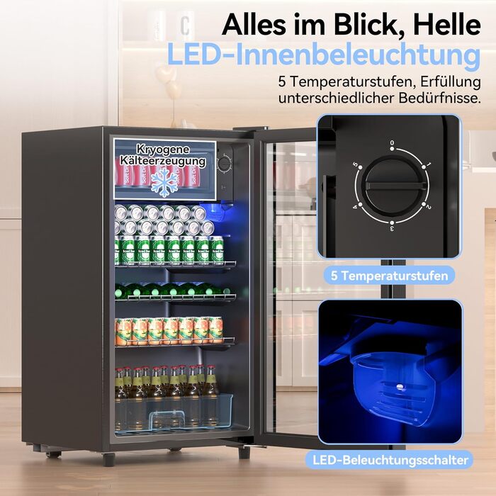 Холодильник для напоїв на 85 літрів з скляними дверцятами та блакитним LED-підсвічуванням, 3 регульовані полиці для соди/пива/вина, ідеальний для дому та вечірок