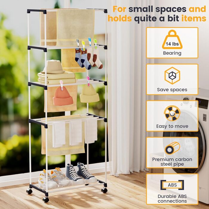 Сушарка для білизни мобільна 5-ярусна, підлогова, для ванної кімнати, квартири, пральні - компактна, на колесах