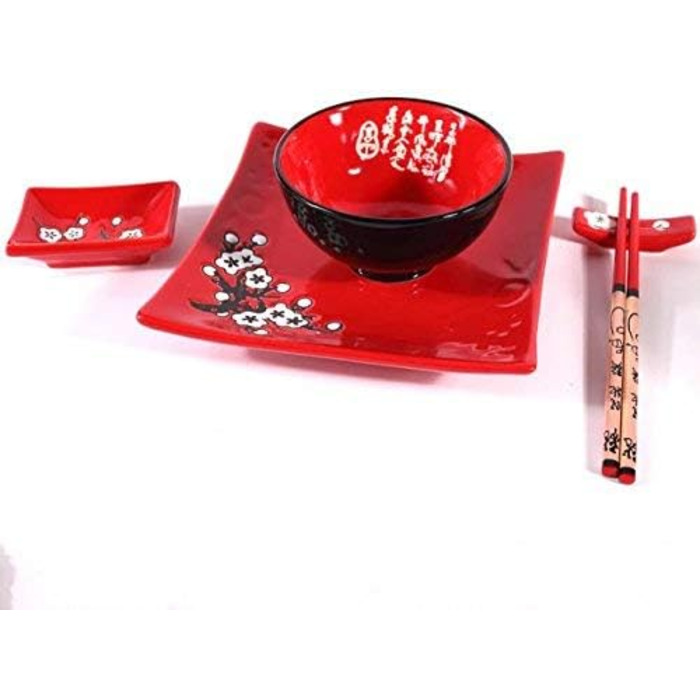 Традиційний японський набір для суші – 2 персони – червоний набір посуду з порцеляни з квітковим орнаментом (японський подарунок)