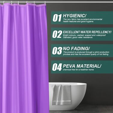 Шторка для душу URAQT, антигрибкова, водонепроникна, швидковисихаюча, 180x180 см, з 12 кільцями, для ванни, білий/базовий (фіолетовий)