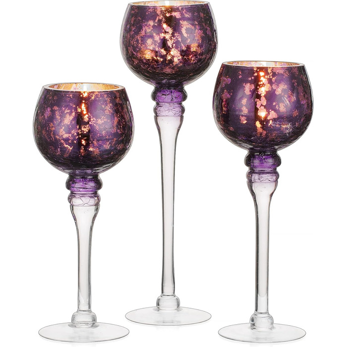 Glass Tealight Holder Set - 3 Pieces Mercury Glass Candle Holders for Table Decoration. Tealight Glasses for Pillar and Floating Candles, Christmas, Living Room Decor (Purple)