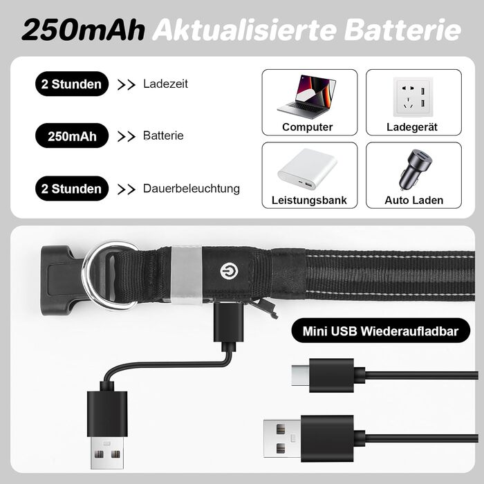 LED-нашийник для собак з підзарядкою USB, вологостійкий, регульований, 3 режими, для малих, середніх та великих собак (Чорний, L(48-60см))