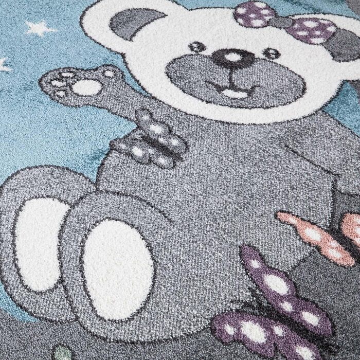 Килим у дитячу кімнату Teddy-Bär, блакитний/сірий, 120x160 см, короткий ворс, зірки та метелики, м'який килим для дітей