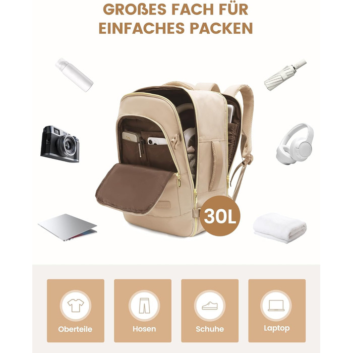 LOVEVOOK Рюкзак ручної поклажі, жіночий, для подорожей, з відділенням для ноутбука 17.3 дюймів, Carry On Luggage, для роботи, бізнесу, вихідних Beige Khaki