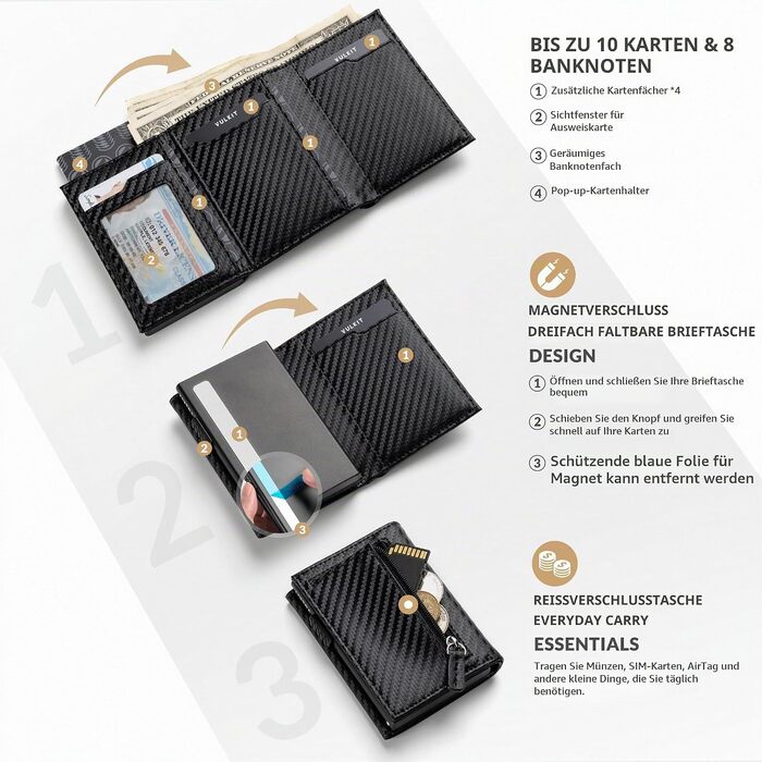 Шкіряний гаманець для карток VULKIT з RFID-захистом, Pop-Up картхолдер з відділенням для купюр, монетницьою та вікном для ID, чорний