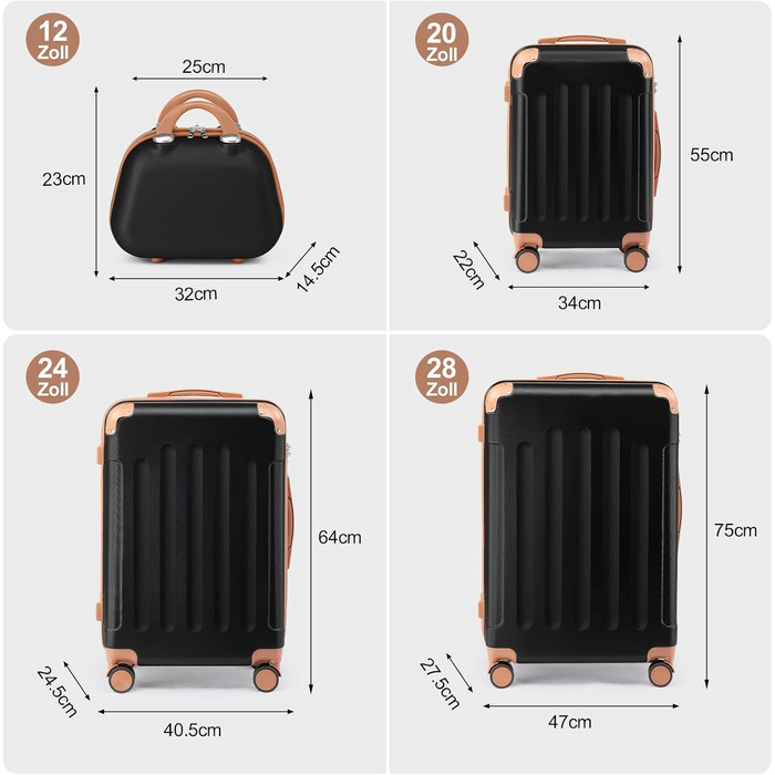 Набір валіз LEADZM 4 шт. з твердим корпусом, ABS, з колесами, великий, набір валіз з твердим корпусом, валізи та ролери з косметичкою (Чорно-коричневий)