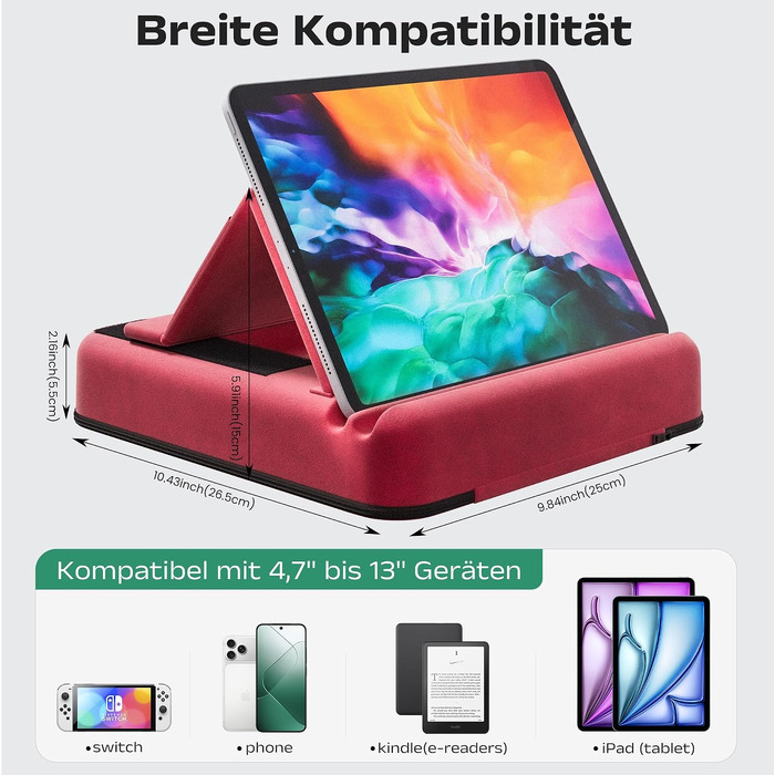 Підставка-подушка для планшета та смартфона, м'який складаний тримач для ліжка з органайзером для стилуса та кишенею, сумісний з iPad, iPhone, Kindle, Samsung Galaxy Tab (Червоний)