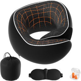 Подушка для шиї у подорожах: Memory Foam, регульована, з навушниками та маскою для сну (Чорний)