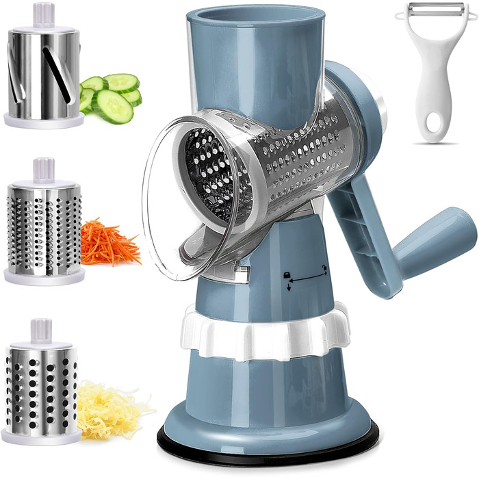 Ручна тертка для овочів 3-в-1 з нержавіючої сталі, терка для сиру з ручкою та 3 змінні леза, терка для салатів, горіхів, фруктів, піци. Колір: зелений