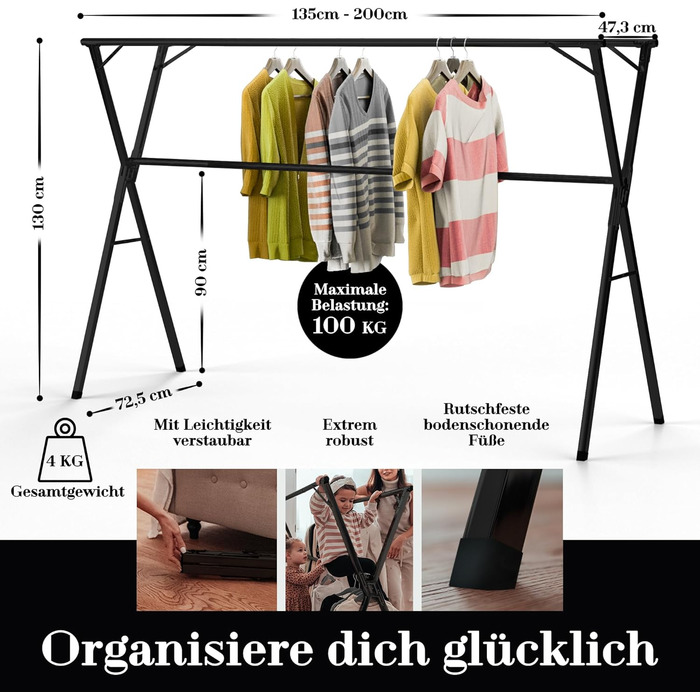 Clothes Rack/Laundry Rack + Bag Moritz [Extendable 1.30-2.0m, foldable, very Stable Stainless Steel] Clothes Rail, Coat Rack, Entrance Hall Coat Rack, Open Wardrobe (Black, with Hooks / without Bag)