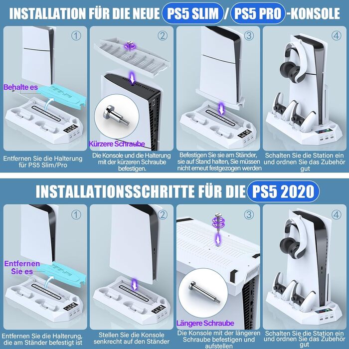Підставка для PS5 Slim/Pro з зарядною станцією для контролера, RGB-підсвічуванням, вентилятором, тримачем для навушників та USB-хабом, чорно-біла (біла Q211)