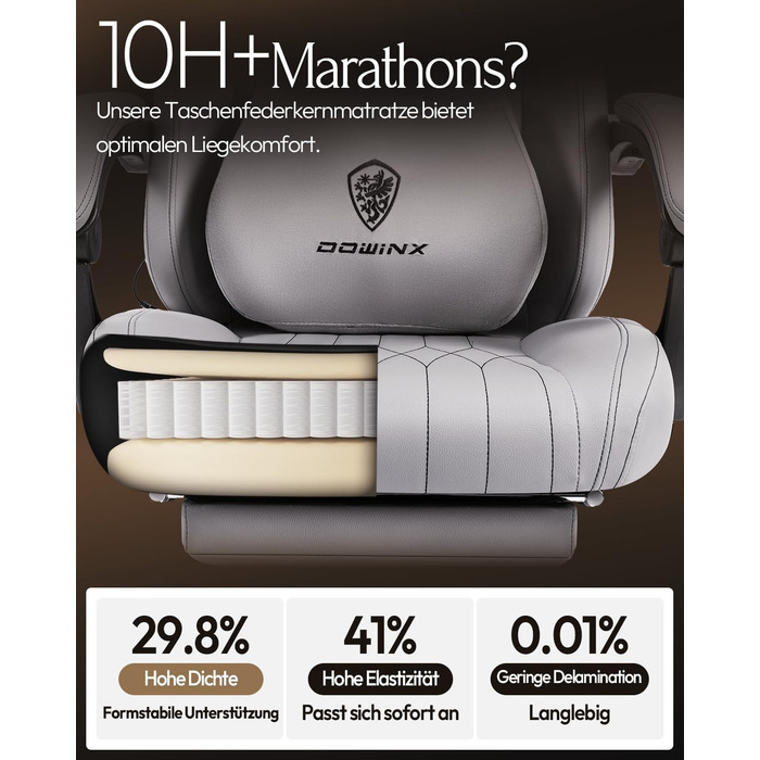 Ігрове крісло Dowinx з масажем, ергономічне, до 135 кг, сіре. Підтримка попереку та шиї, регулювання висоти, шкіра для дорослих