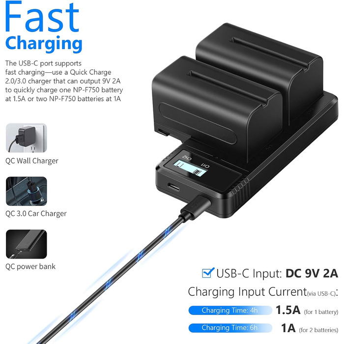 Зарядний пристрій NEEWER Dual USB з 2 шт. акумуляторами 6600mAh NP-F970, швидка зарядка для Sony NP-F970, F960, F950, F770, F750, F570, F550, Handycam, LED-ліхтарі, моторизовані слайдери NEEWER (NP-F750)