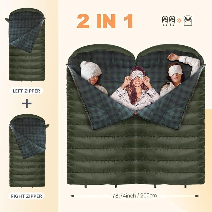 Спальний мішок Poepore Outdoor Winter для дорослих, Extra Wide, 3-4 сезони, XXL, теплий, бавовна, фланель, Deckenschlafsack, для кемпінгу, подорожей, пригод, 230 x 100 см, 0°C (Olive-L-Zip, -6°C)