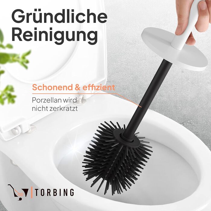 Набір для чищення унітазу TORBING Design з нержавіючої сталі - якісна щітка з закритим тримачем, силіконова щітка з ефектом лотоса, сучасний дизайн, елегантні кольори, подовжений ручка (Матовий перлинний білий)