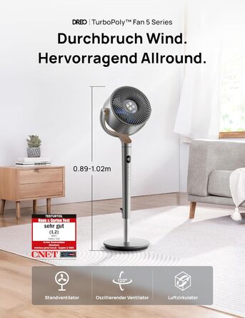 Вентилятор підлоговий Dreo, 102 см, 3 режими, 8 швидкостей, срібний, потужний, 1200 м³/год, 26 м відстань, 120° осциляція