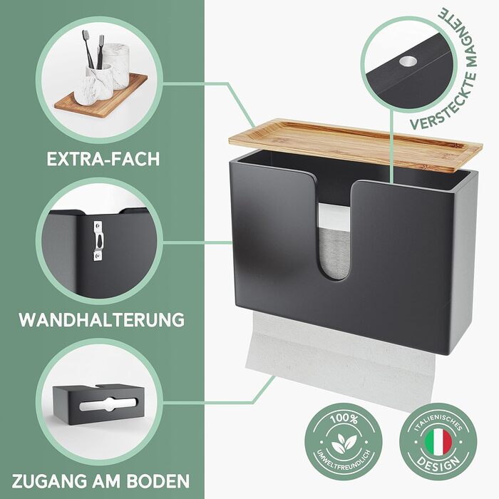 Nature Supplies Wooden Paper Towel Dispenser - Paper Towel Holder With Wall Mount or Tabletop Use, for C-Fold, Z-Fold, or Interfold Paper Towels (Black, Top)