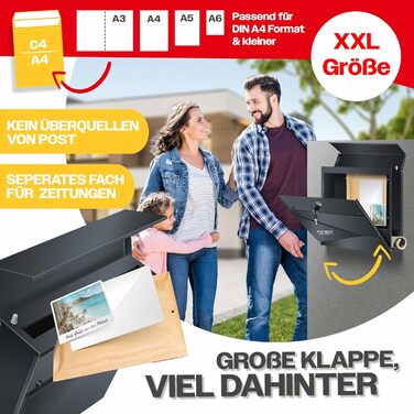 Поштовий ящик KESSER з газетницею, нержавіюча сталь, сріблясто-антрацитовий, 2 ключі, настінний монтаж, з м'яким закриттям кришки, комплект для кріплення
