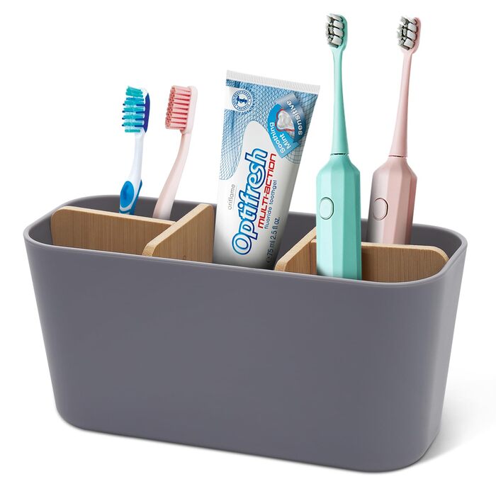 Тримач для зубних щіток з бамбуковими перегородками, сірий. Організатор для зубних щіток та пасти (4 щітки + 1 для пасти)