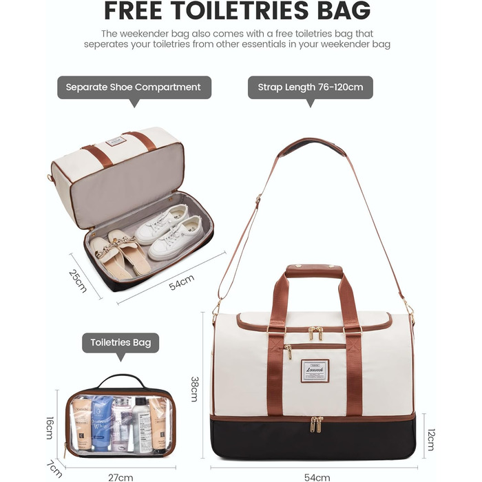 Спортивна сумка LOVEVOOK 37L для подорожей: Weekender, Duffel, Carry-on з відділенням для взуття та мокрих речей, водонепроникна, для відпочинку, авіаперельотів (L, Бежево-чорно-коричнева)
