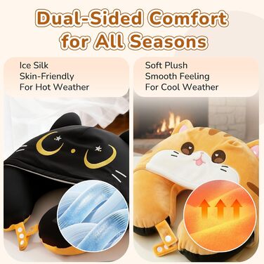 Подушка для шиї Mewaii для подорожей, двостороння подушка для дорослих, подушка для шиї з memory foam для літаків, обертова подушка для шиї з котячим капюшоном, регульований ремінь, чорний, перекидний