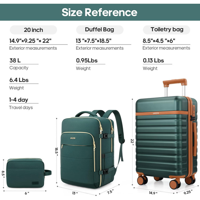 Набір валіз UKEIN 3 шт. з PC корпусом, міцний дорожній набір, ручна поклажа з TSA замком, 4 спіннер колеса, рюкзак та косметичка (3 шт.) (Темно-зелений)